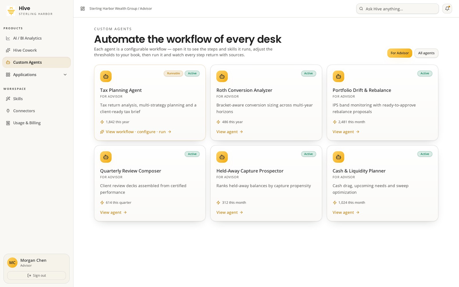 Target concept view of Hive Custom Agents gallery showing configurable advisor workflow agents