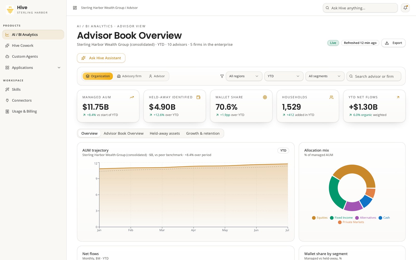 Target concept view of Hive AI/BI Analytics advisor book overview with AUM, wallet share and net flow metrics