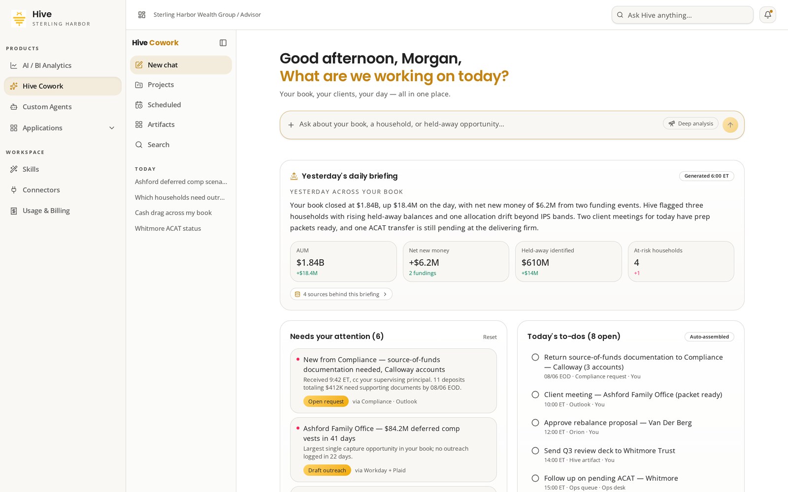 Target concept view of Hive Cowork daily briefing workspace with attention queue and to-dos